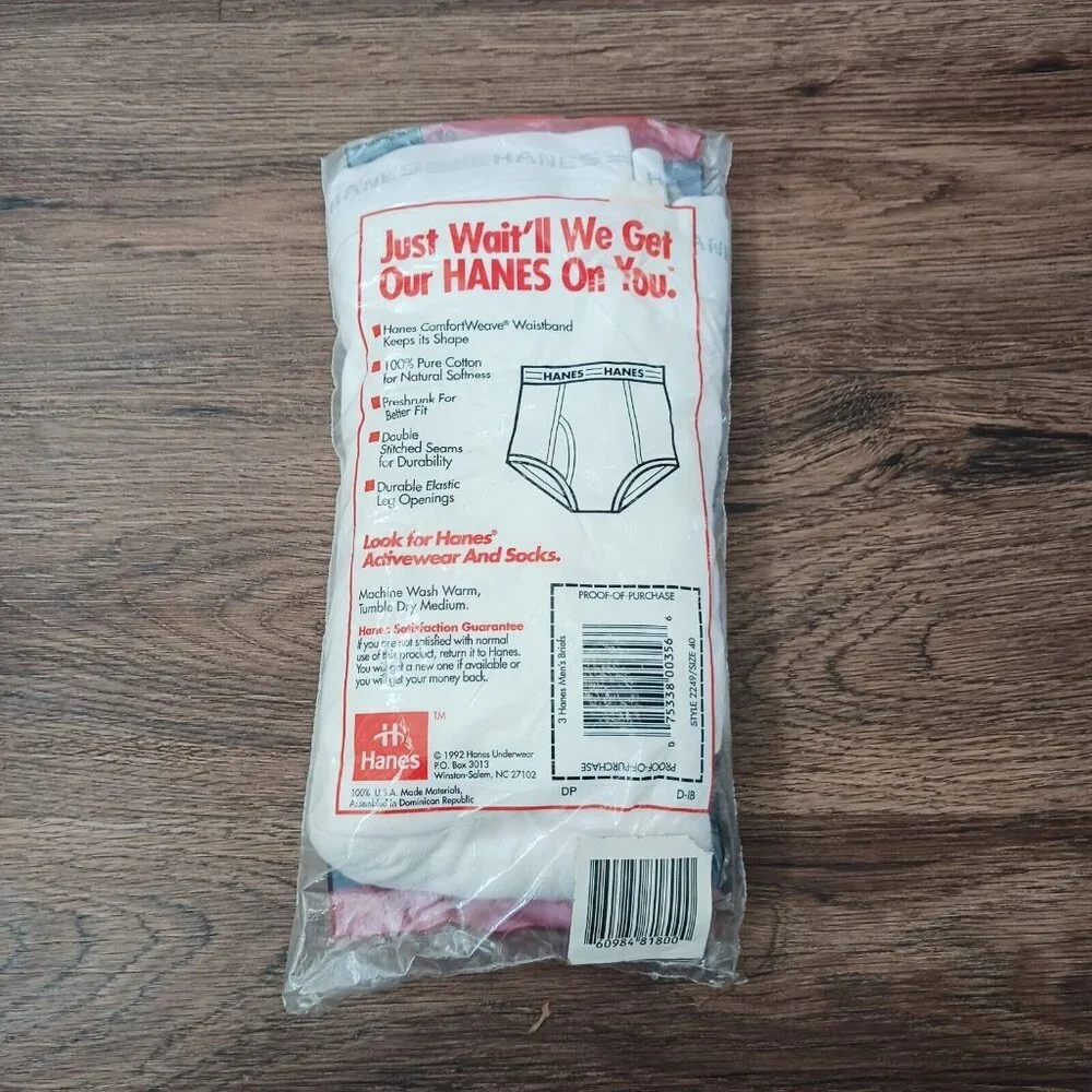 Pack of 3 Mens 1992 Hanes‎ Cotton Briefs Underwear Tighty Whities Size 40 NOS